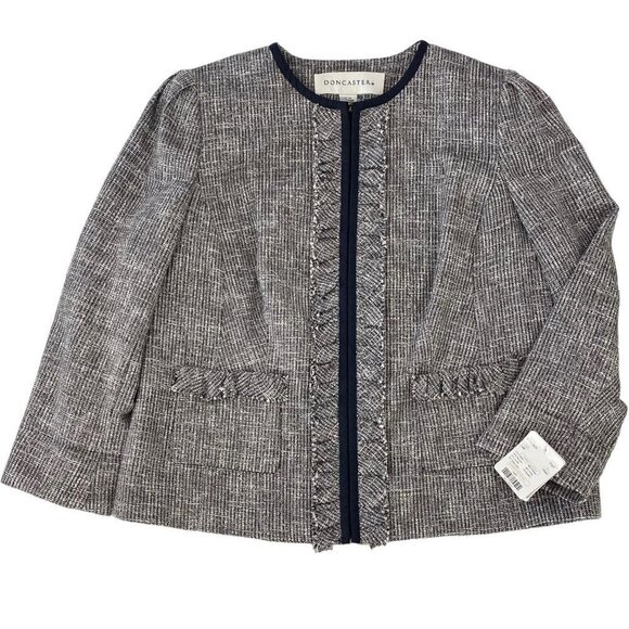 Doncaster Navy Blue White Tweed Ruffle Trim Full Zip Blazer Jacket Women's 14W - Picture 6 of 15